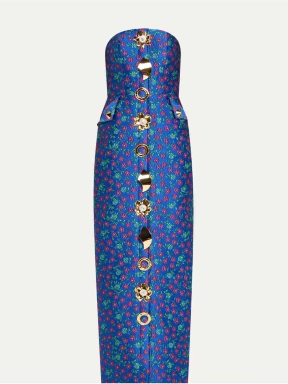 Strapless Blue Floral Midi Dress with Gold Button Accents